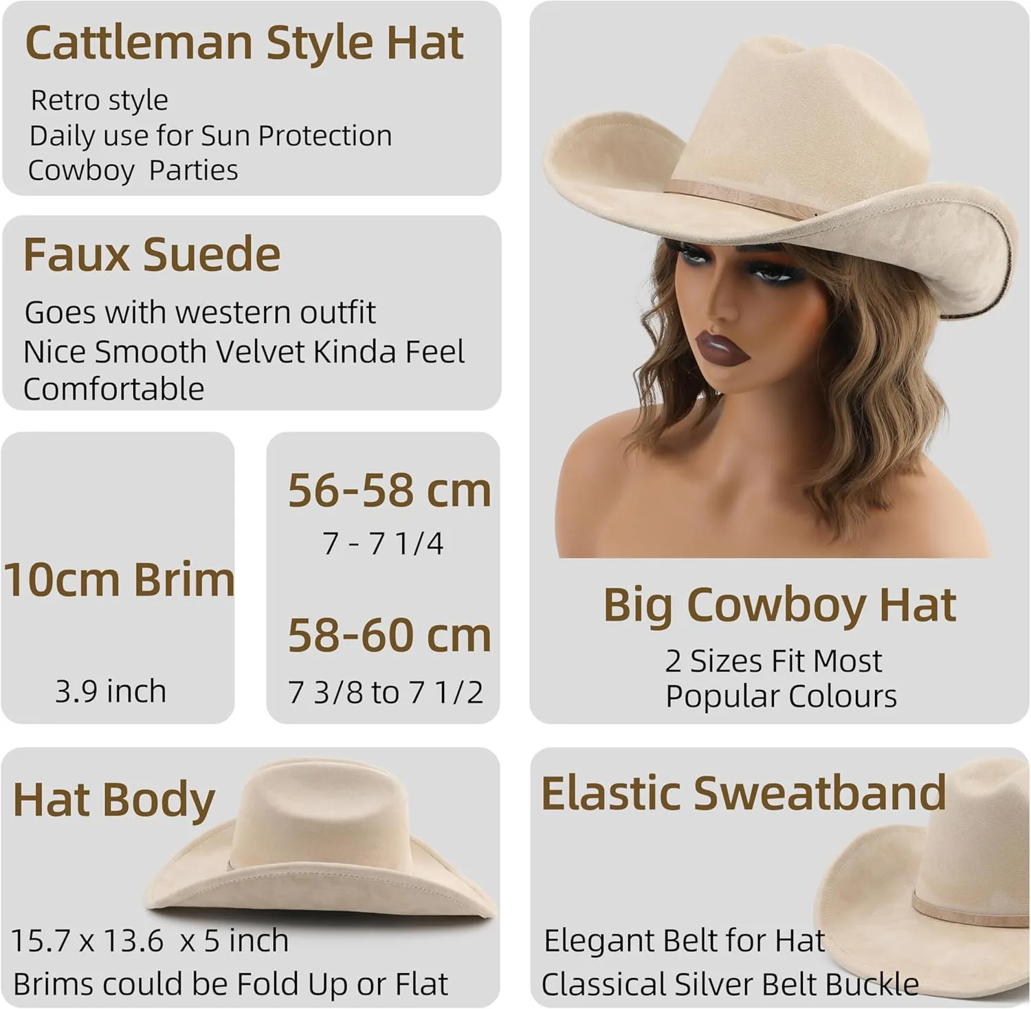 Big Cowboy Hat for Women Men Wide Brim Cowgirls Beach Cattleman Western Cowboys Hat