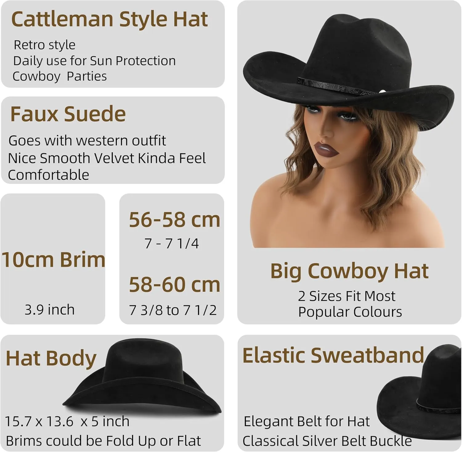 Big Cowboy Hat for Women Men Wide Brim Cowgirls Beach Cattleman Western Cowboys Hat