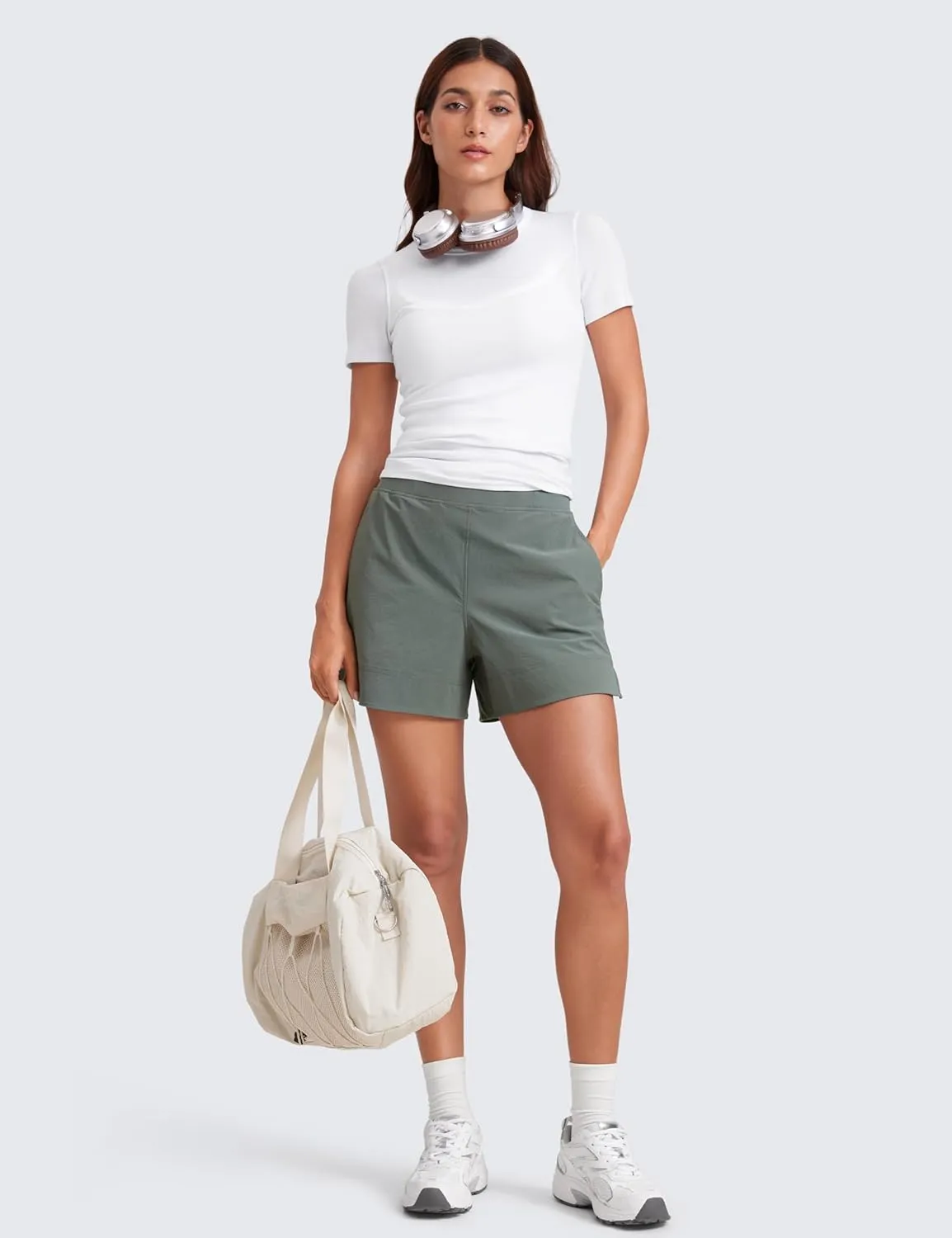 CRZ YOGA Stretch Womens Shorts Casual 4" Linerless High Waisted V Slit for Athletic Hiking Dress Golf with Pockets