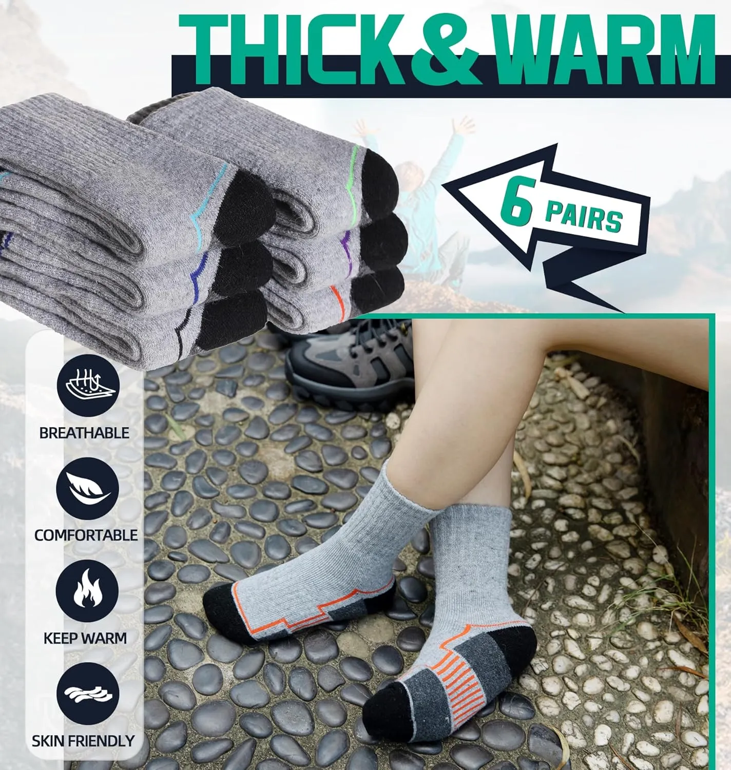 Kids Hiking Walking Socks Boys Girls Toddlers Merino Wool Warm Wicking Cushion Winter Crew Boot Socks