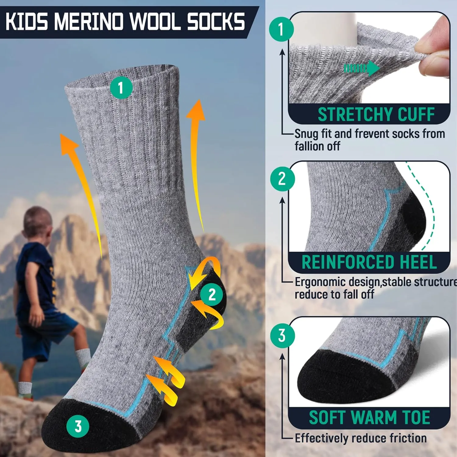 Kids Hiking Walking Socks Boys Girls Toddlers Merino Wool Warm Wicking Cushion Winter Crew Boot Socks