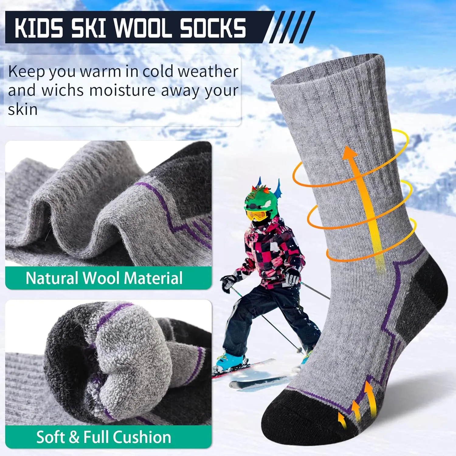 Kids Hiking Walking Socks Boys Girls Toddlers Merino Wool Warm Wicking Cushion Winter Crew Boot Socks