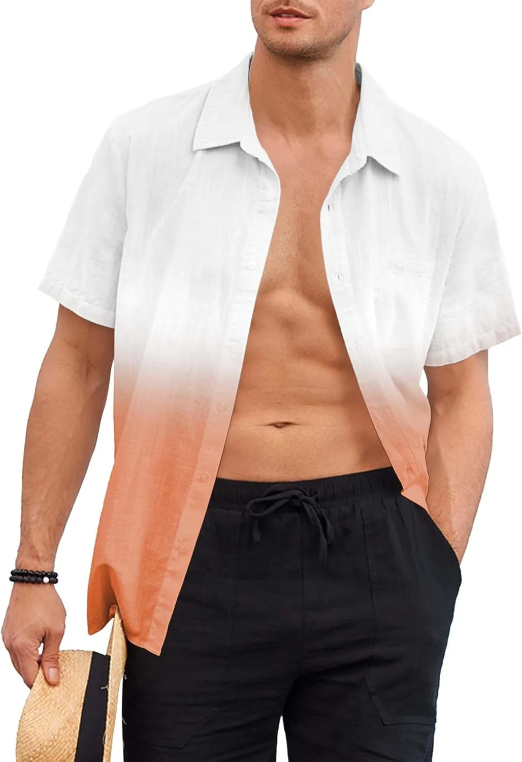 Mens Gradient Linen Shirts Casual Button Down Short Sleeve Beach Summer Shirts