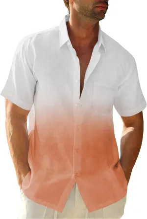 Mens Gradient Linen Shirts Casual Button Down Short Sleeve Beach Summer Shirts
