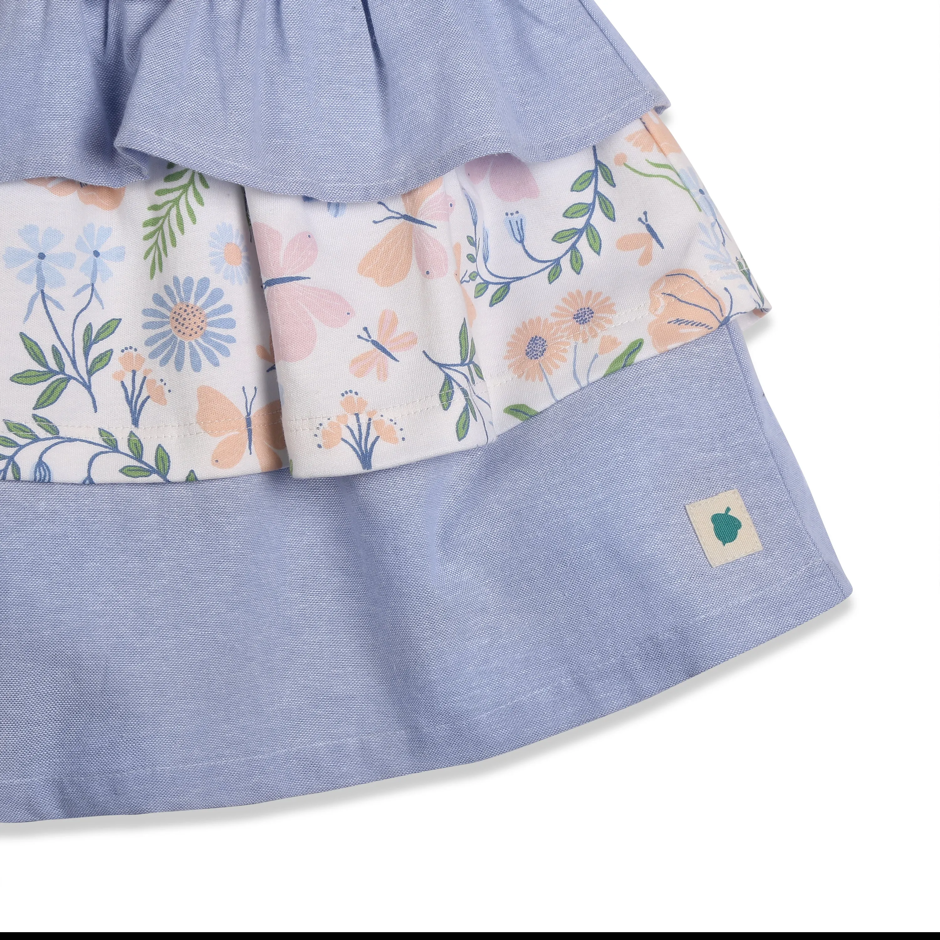 Milena Short-Sleeves Tiered Dress With A Mix Of Chambray & Enchanted Flora Print - Multi