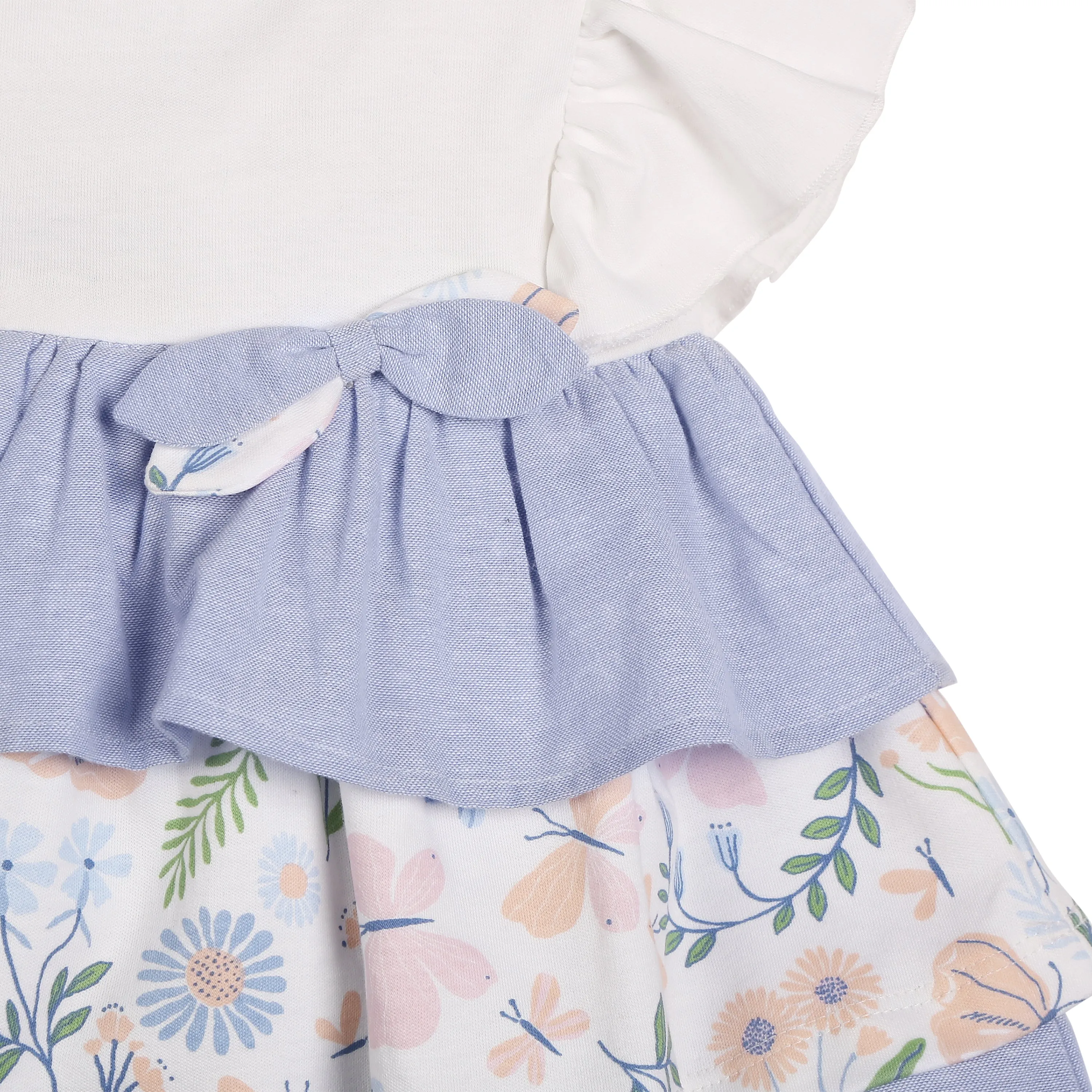 Milena Short-Sleeves Tiered Dress With A Mix Of Chambray & Enchanted Flora Print - Multi