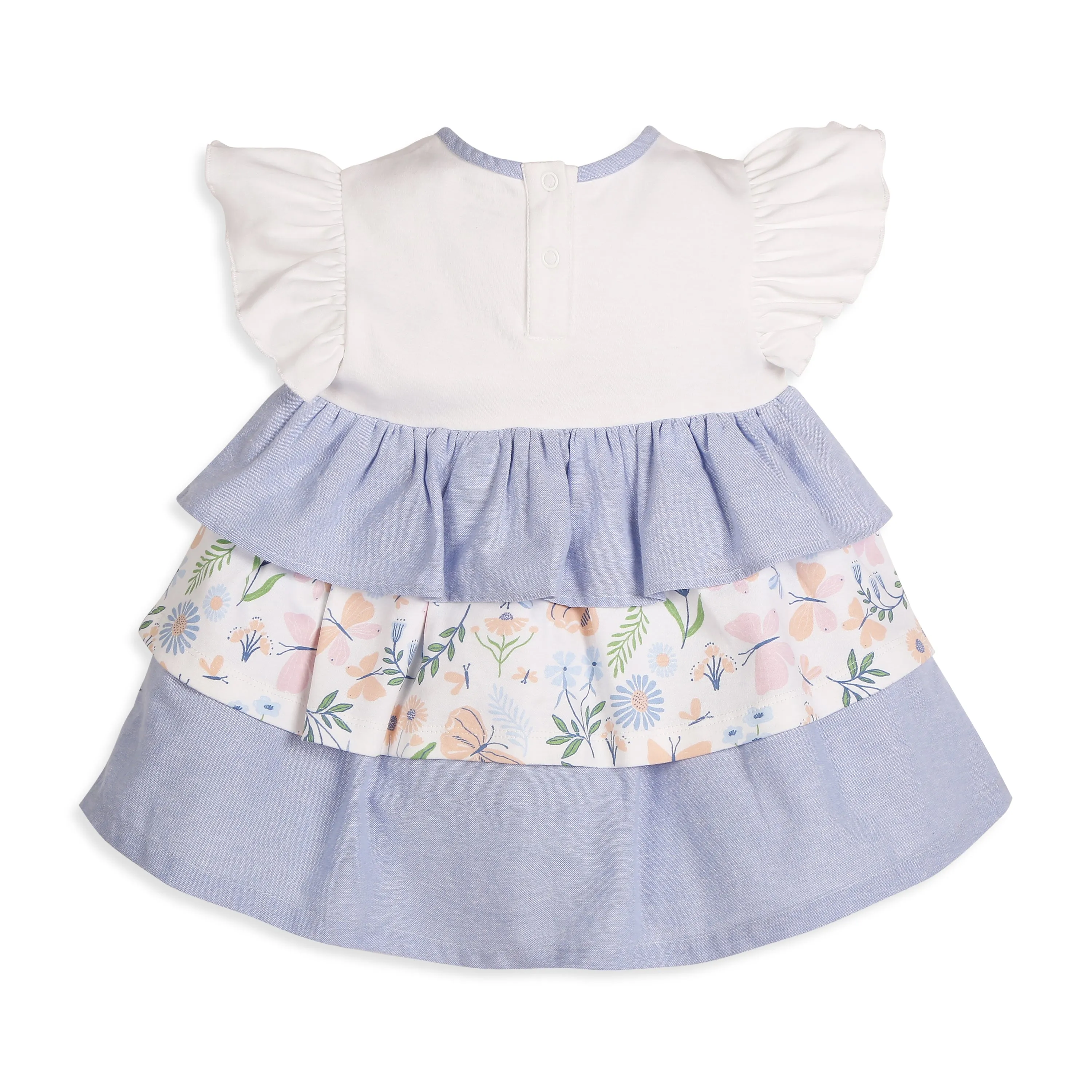 Milena Short-Sleeves Tiered Dress With A Mix Of Chambray & Enchanted Flora Print - Multi