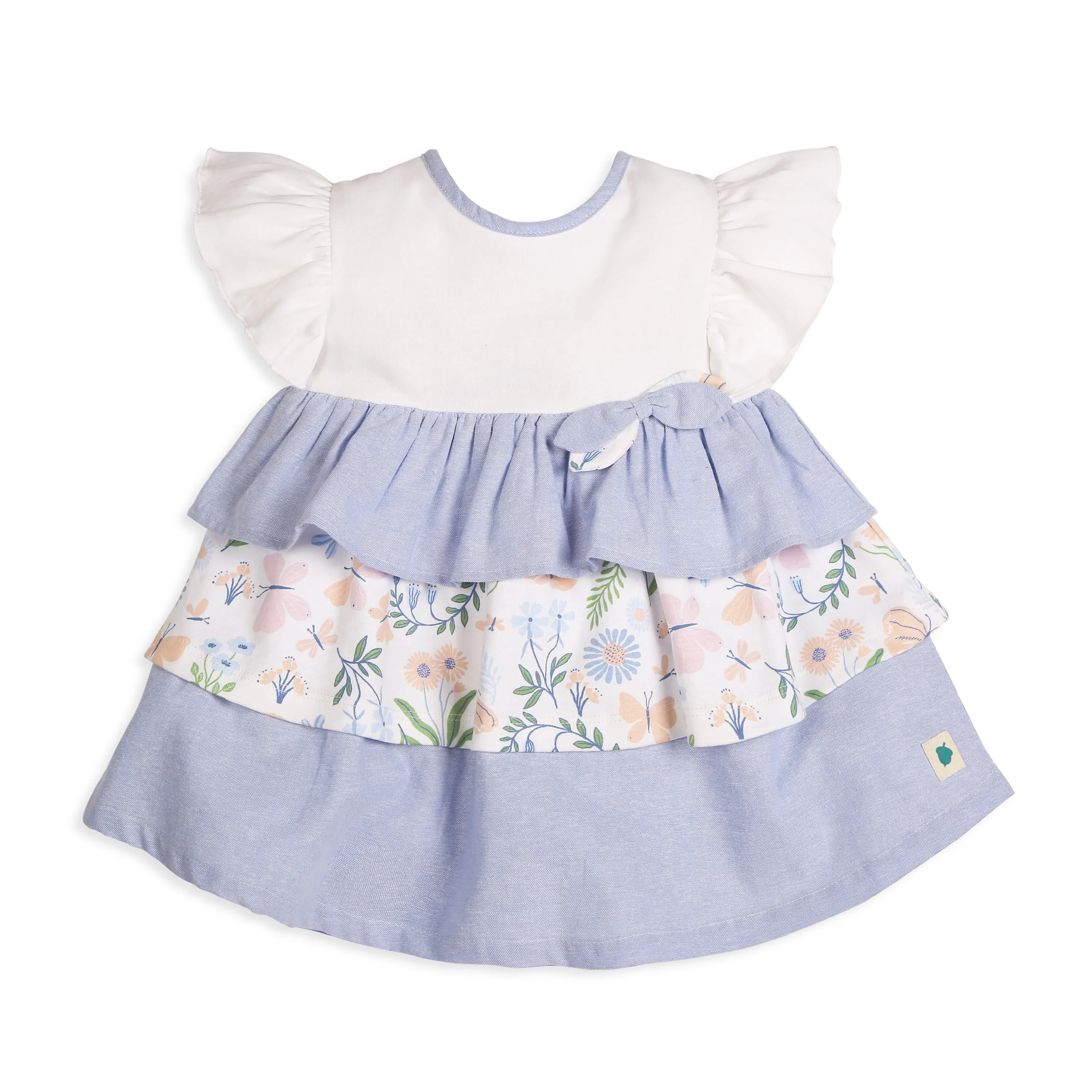 Milena Short-Sleeves Tiered Dress With A Mix Of Chambray & Enchanted Flora Print - Multi