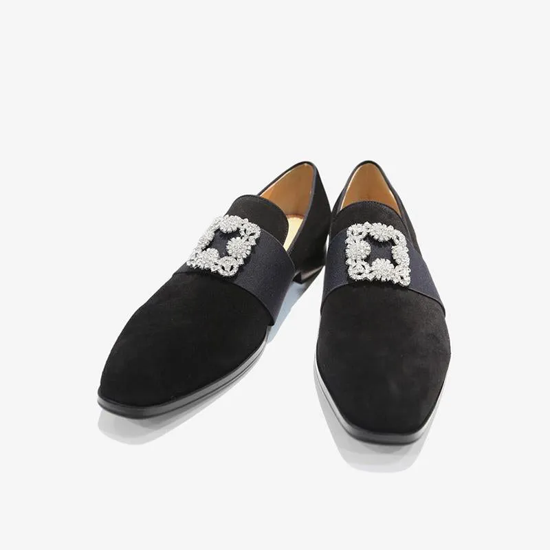 Suede Loafers with Decorative Jeweled Strap